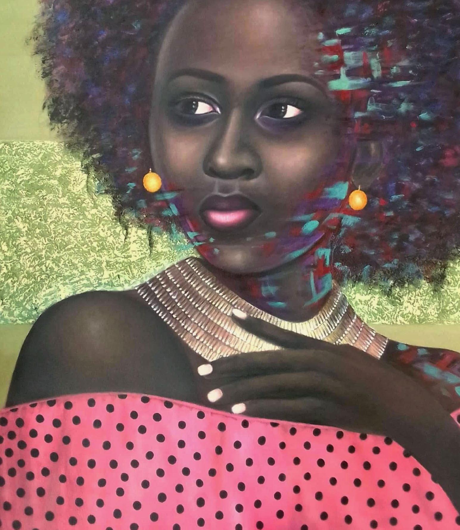 Bimbo is a painting by Chima Theophilus, depicting a young lady with a pink dress and afro hair.
Abimbola (a diminutive form of Bimbo) is a Yoruba given name meaning BORN WITH WEALTH.
Chima dived into the world of black skin of the black race to