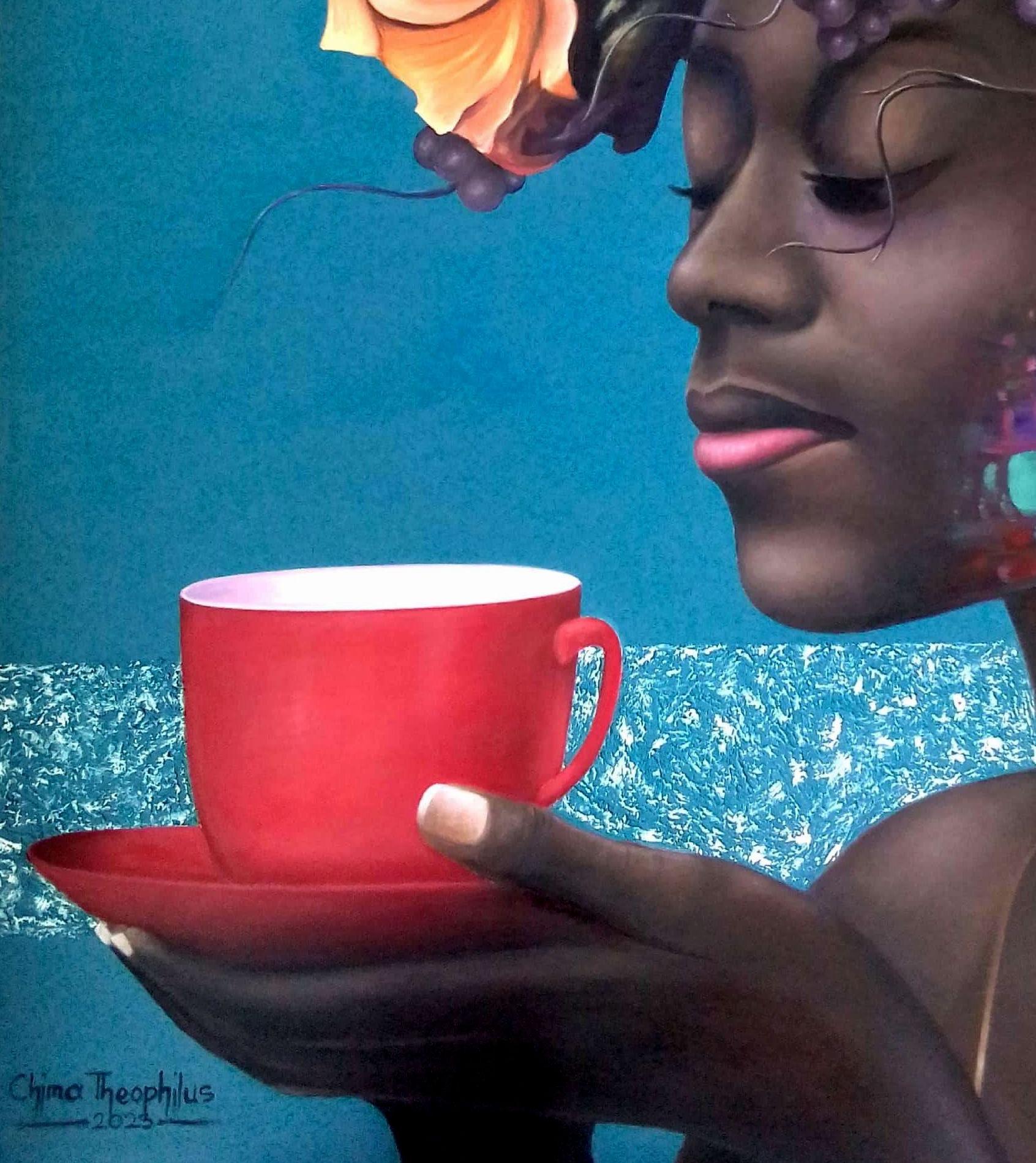 The Cup of my Love - Blue Figurative Painting by Theophilus Chima