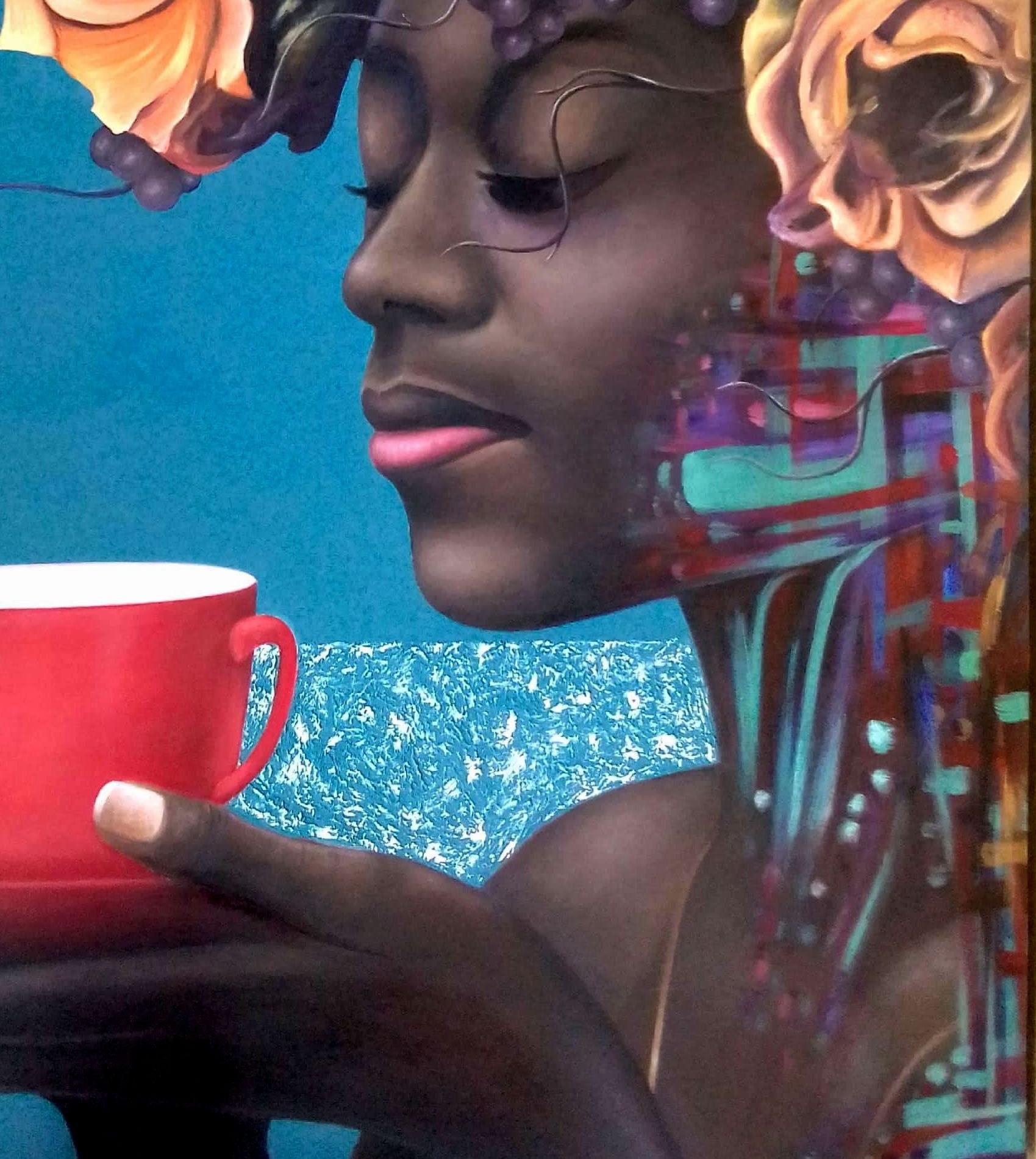 The Cup of my love is a painting by Chima Theophilus, depicting an African woman with a teacup.

Her hair is made of grapefruits and flowers, signifying her fruitfulness and love.
A virtuous woman is indeed the crown of her home.
She gives her