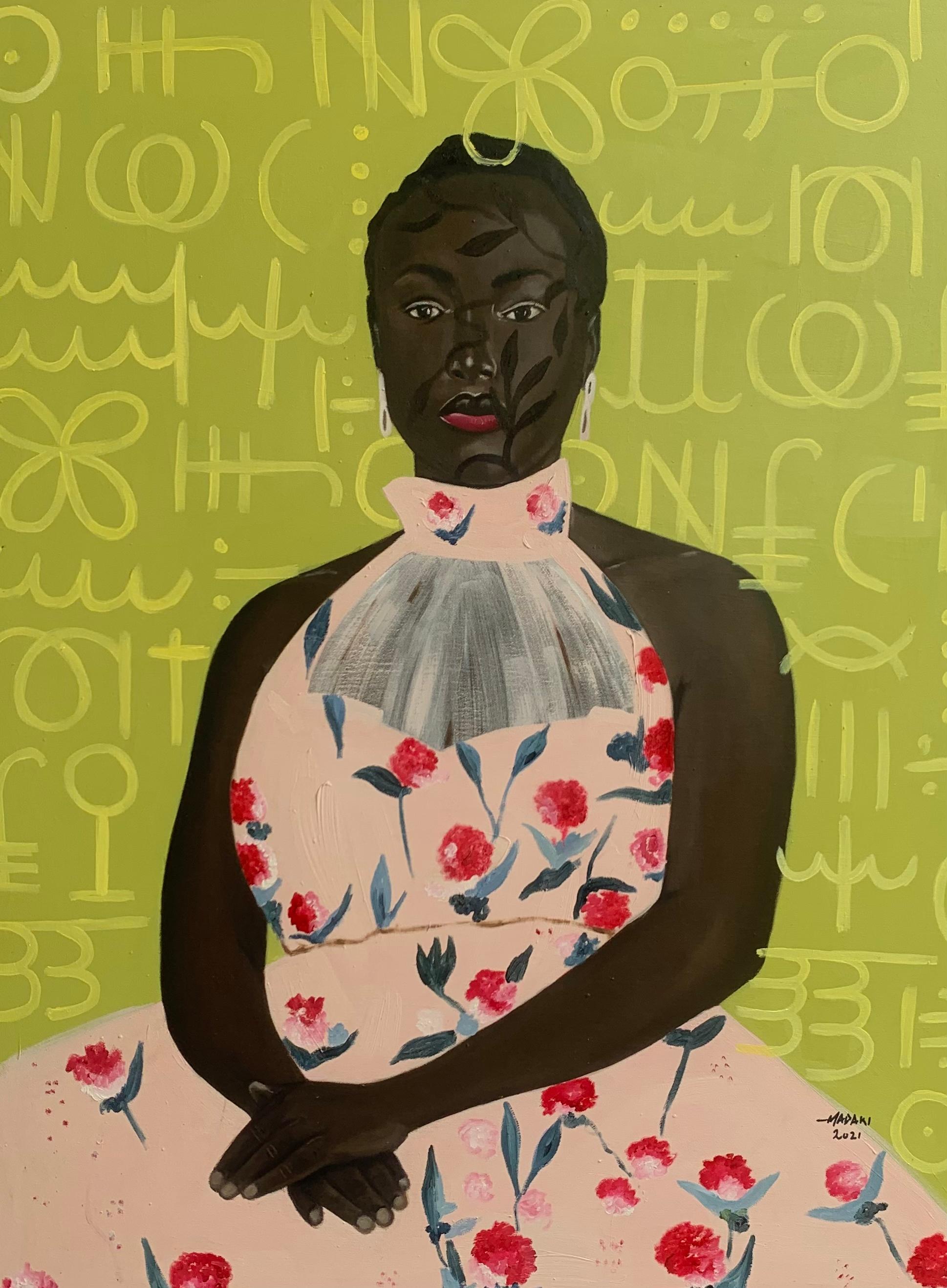 Portrait Painting Theophilus Madaki - Mira sur Robe rose