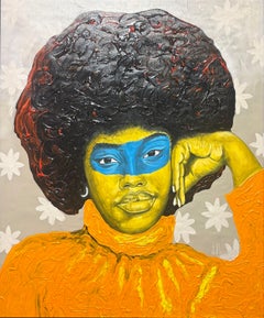 "Adorned with Diamonds" portrait of a young black woman with an afro, flowers