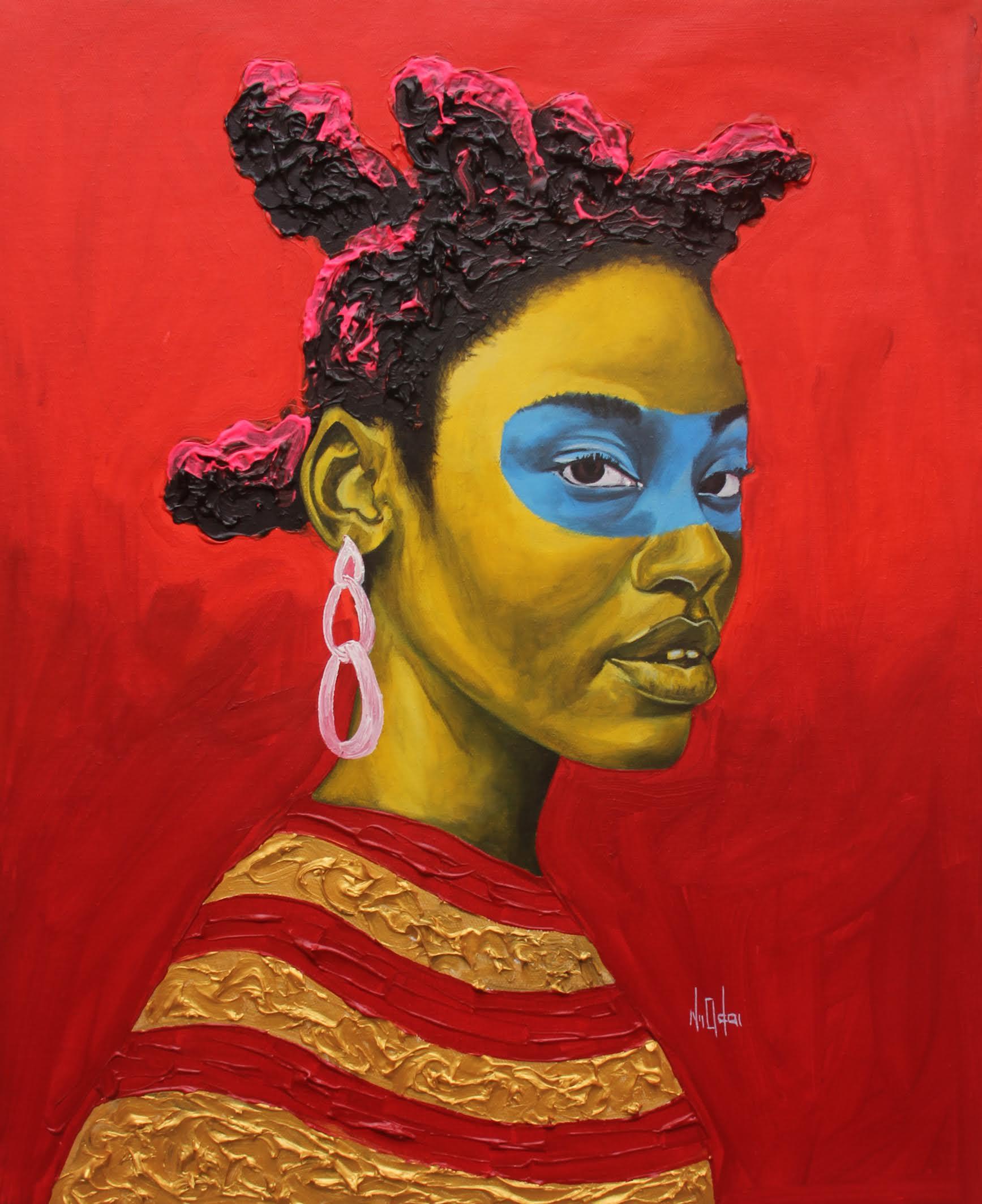 Theophilus Tetteh Portrait Painting - "African Lily" red acrylic portrait of a woman with yellow and blue skin