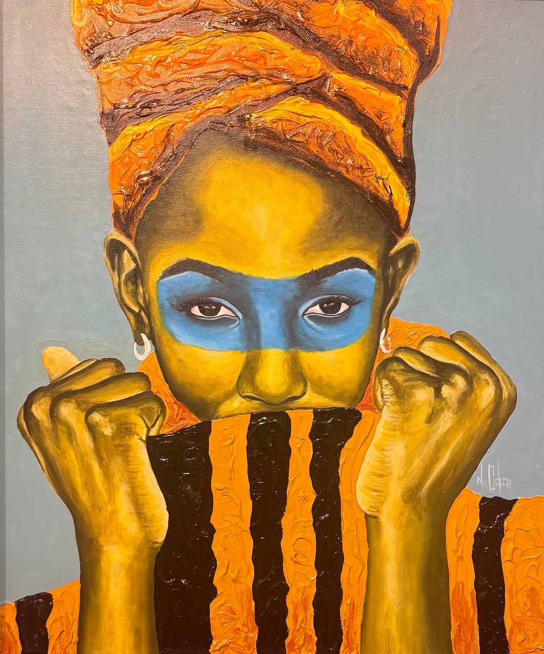 "Beneath the Veil, Lies a Speaking Soul", a woman with a headwrap and turtleneck