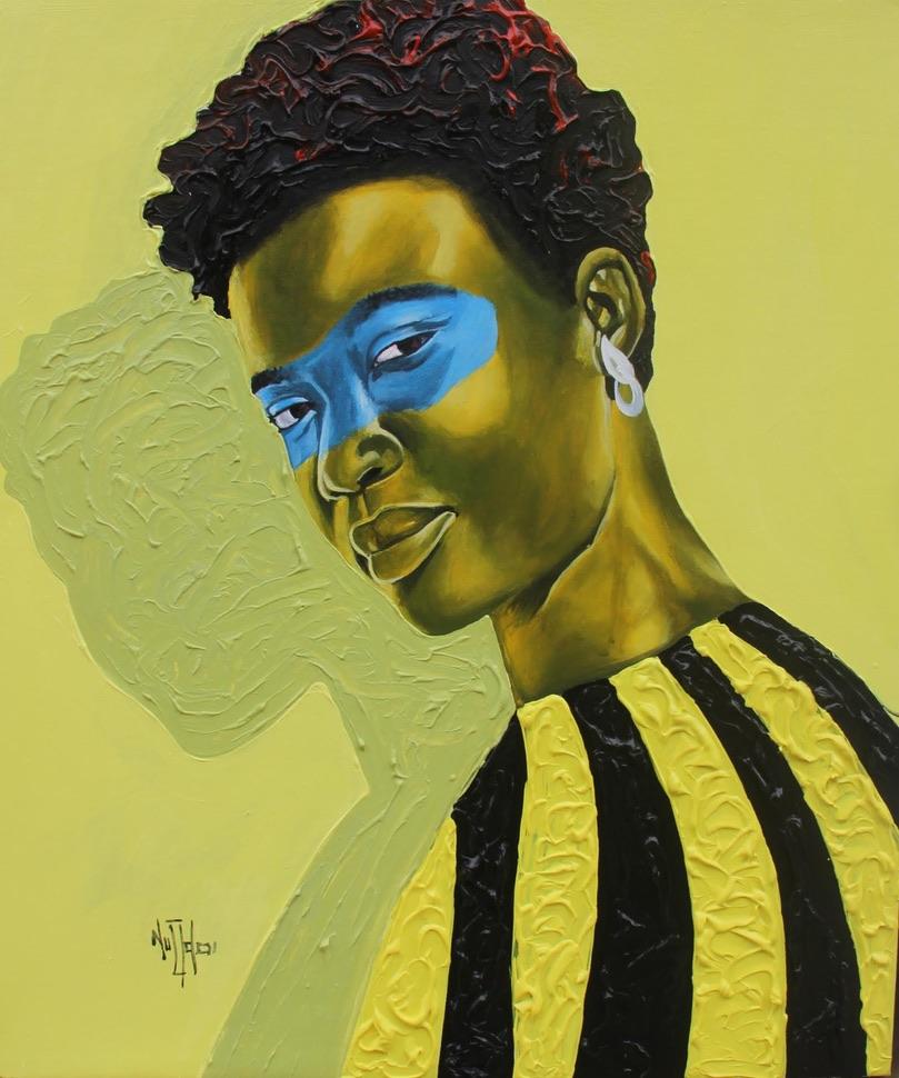 Portrait en acrylique vert « Big Girls Don't Cry » d'une femme à la peau bleue et verte