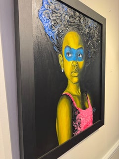„Bonny Black Girl“ Acrylporträt eines Mädchens mit blauem Haar und rosafarbenem Oberteil