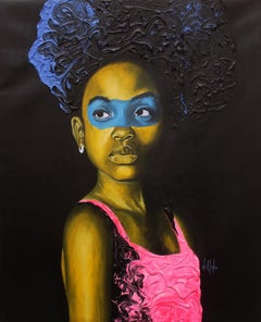 "Bonny Black Girl" ritratto in acrilico di una ragazza con capelli blu e top rosa