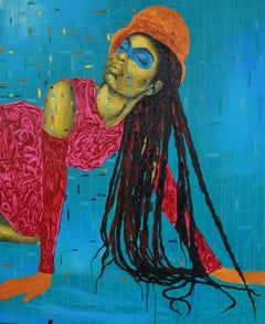 Peinture en acrylique « Dreamy But Gold » représentant des femmes noires aux bras arqués, turquoises et roses