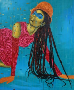 „Dreamy But Gold“ Acrylgemälde schwarzer Frauen mit Bändern, Türkis, Rosa