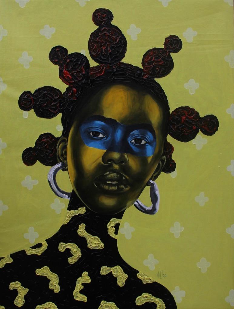 Theophilus Tetteh Portrait Painting - "Elorm (I am Loved)" yellow/green acrylic portrait of woman with green/blue skin
