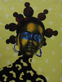 "Elorm (I am Loved)" yellow/green acrylic portrait of woman with green/blue skin