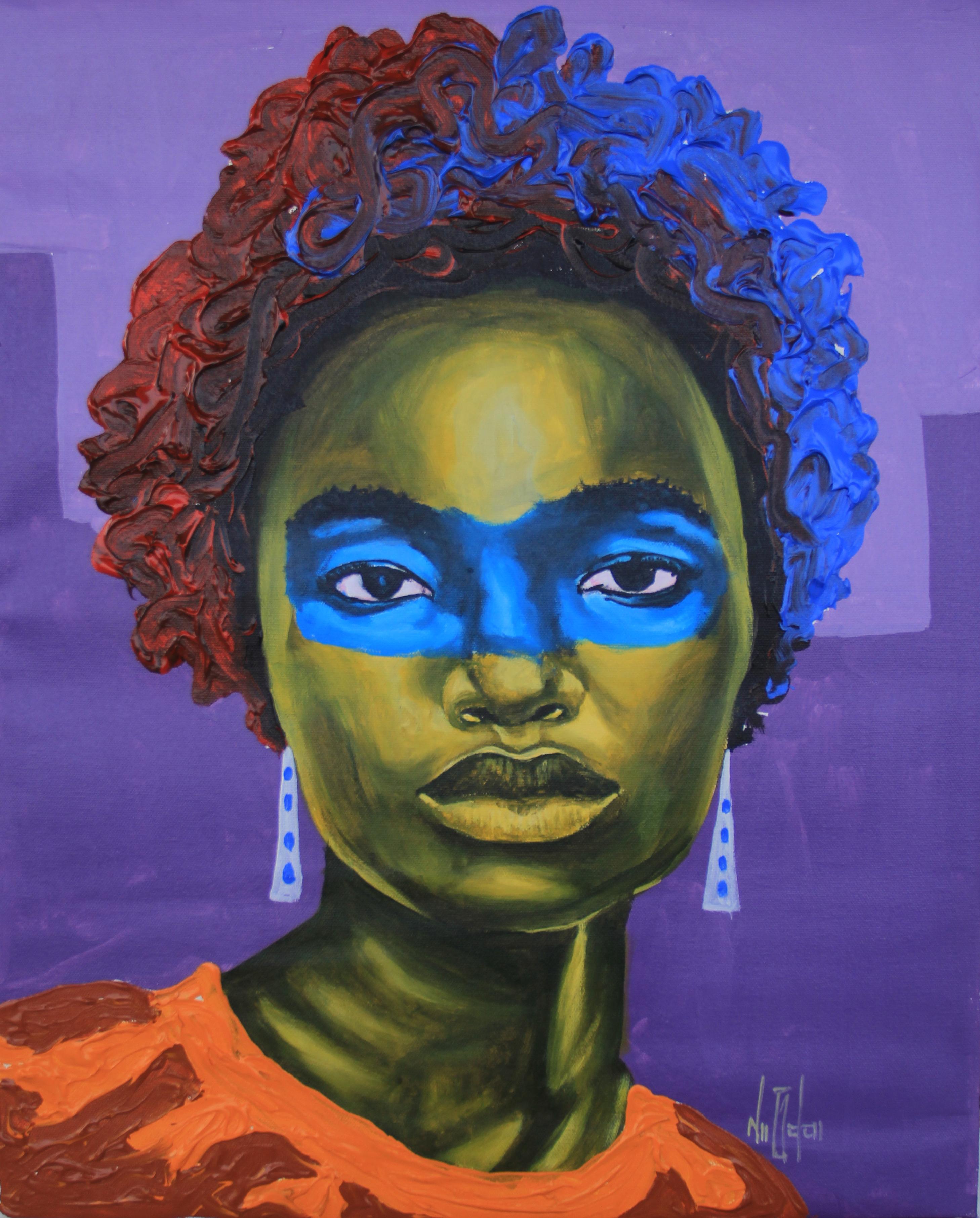 Theophilus Tetteh Portrait Painting - "Glossy Hairline" acrylic painting of black woman with blue around eyes, purple