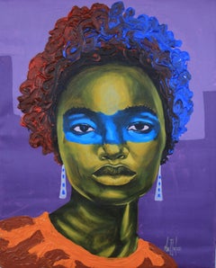 "Glossy Hairline" acrylic painting of black woman with blue around eyes, purple