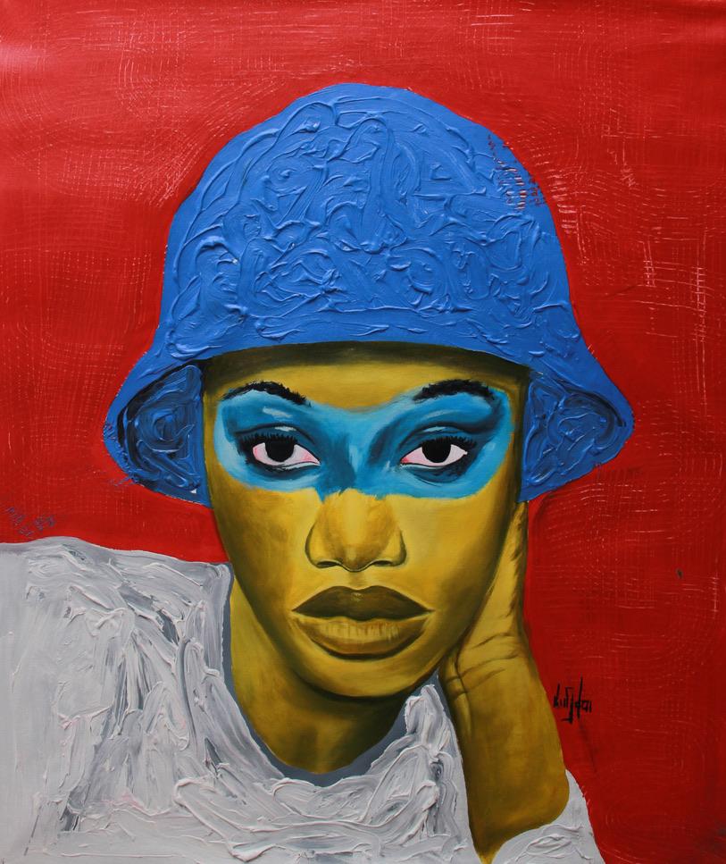 Theophilus Tetteh Portrait Painting – „I Need a Little More Time“ Acrylporträt einer Frau mit blauem Hut auf Rot, Acryl