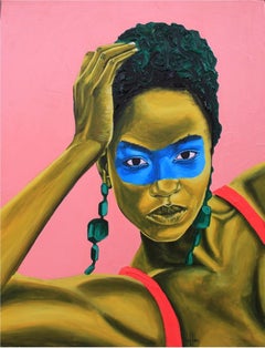 "Is It Okay to Keep You in Mind" pink acrylic portrait of woman, green earrings