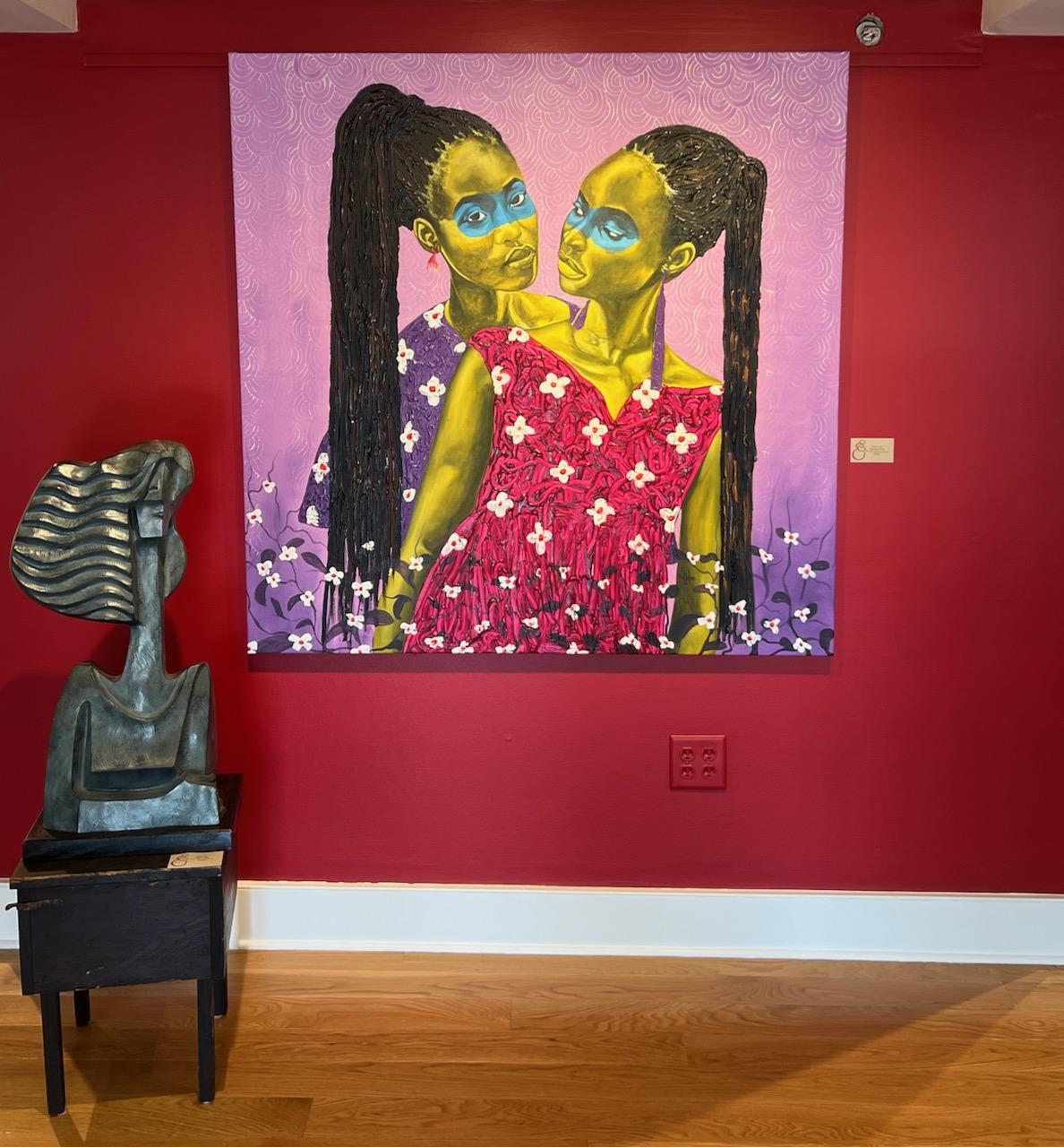 „Lean on Me“ Acrylgemälde zweier schwarzer Frauen mit langen Bändern, rot, lila – Painting von Theophilus Tetteh