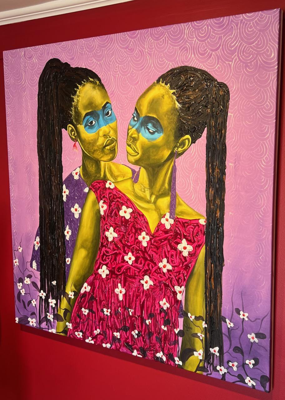„Lean on Me“ Acrylgemälde zweier schwarzer Frauen mit langen Bändern, rot, lila im Angebot 4