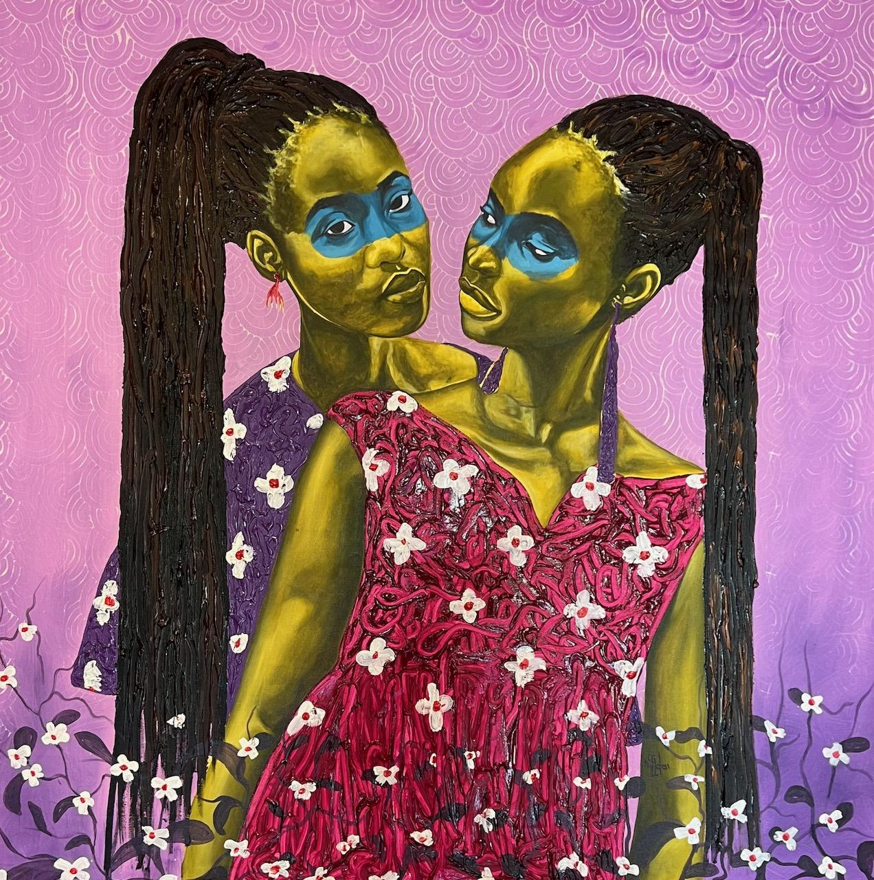 Theophilus Tetteh Figurative Painting – „Lean on Me“ Acrylgemälde zweier schwarzer Frauen mit langen Bändern, rot, lila
