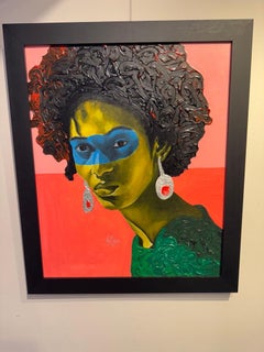 "Lebene" hot pink and coral acrylic portrait of a woman with green and blue skin