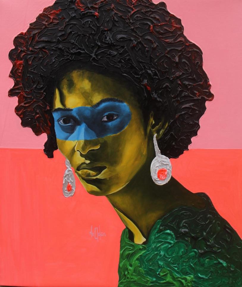 Theophilus Tetteh Portrait Painting - "Lebene" hot pink and coral acrylic portrait of a woman with green and blue skin
