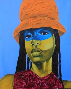 "Lydia's Hat" acrylic painting of black woman, braids, orange hat, blue eye mask