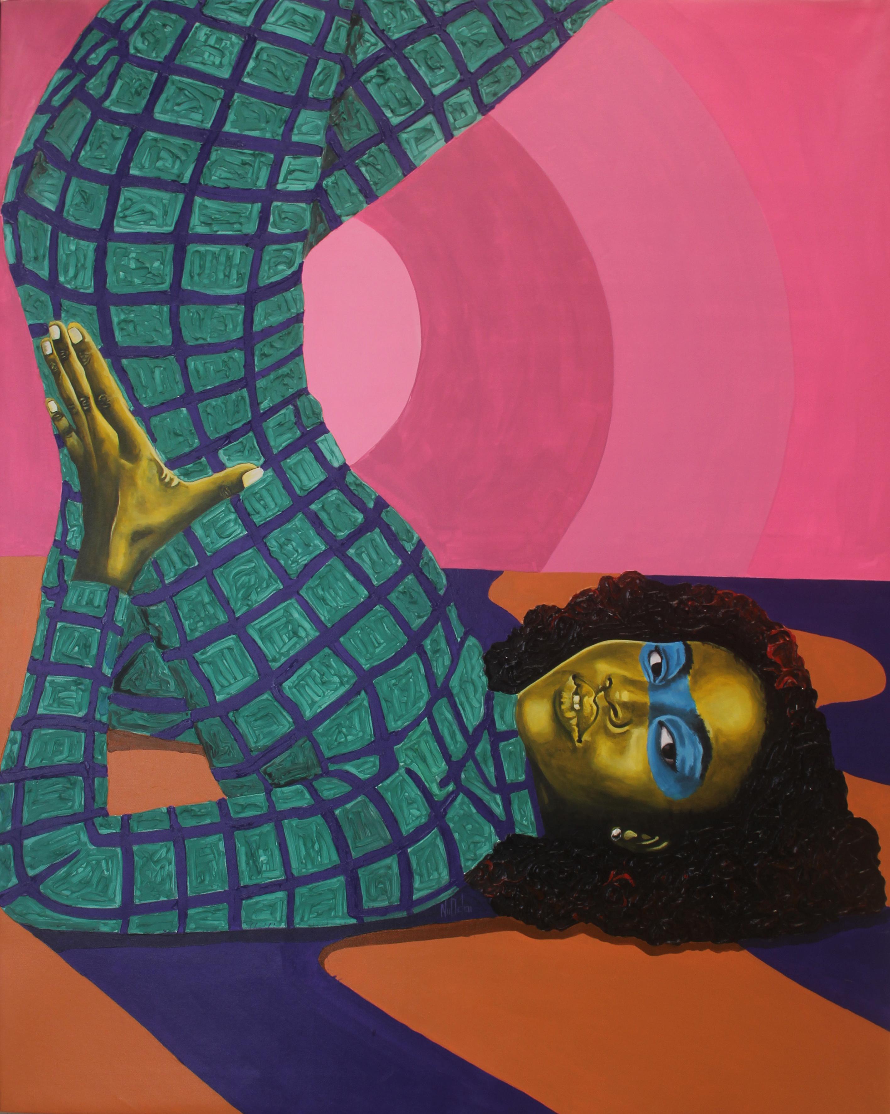 Theophilus Tetteh Portrait Painting – "Lying through Patterns", Ghanaerinnenporträt, Muster, Mode und Dekor, blau