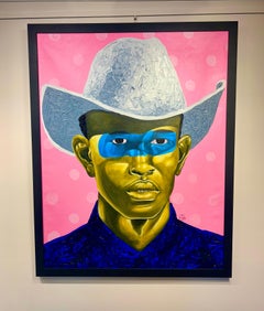 "Never Give Up, Never Stop" pink acrylic portrait of a man in a white cowboy hat