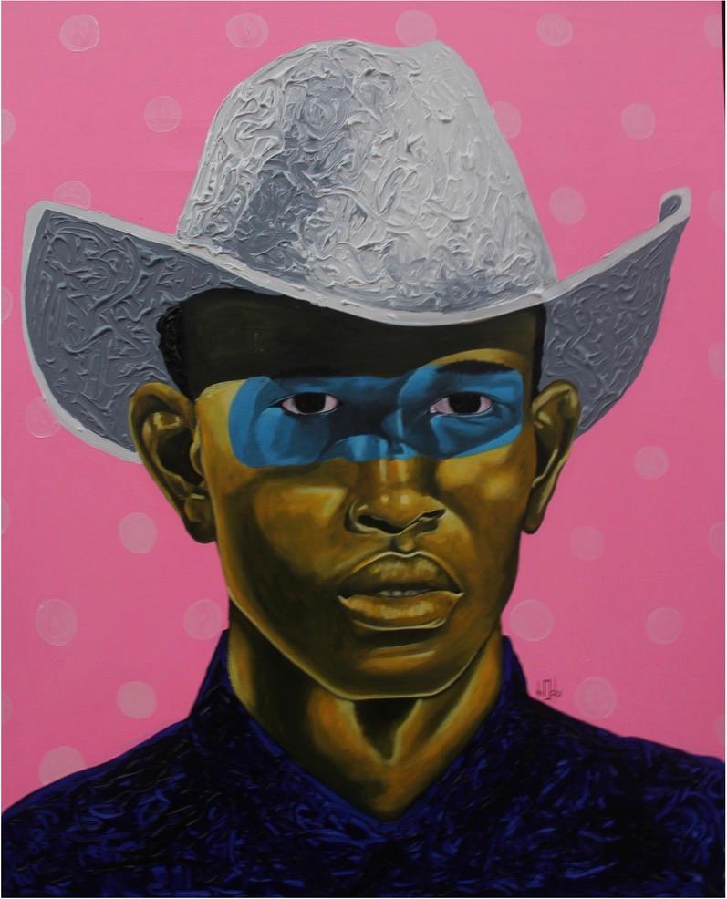 Theophilus Tetteh Portrait Painting – "Niemals aufgeben, niemals aufhören" rosa Acrylporträt eines Mannes mit weißem Cowboyhut