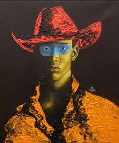 "Poised" acrylic portrait of a man in a red cowboy hat and orange shirt