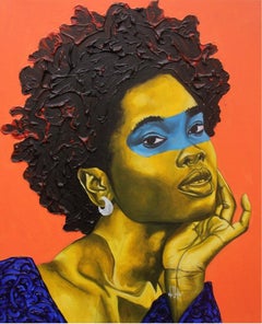 "Pose for the Camera" orange acrylic portrait of a woman with afro, yellow skin