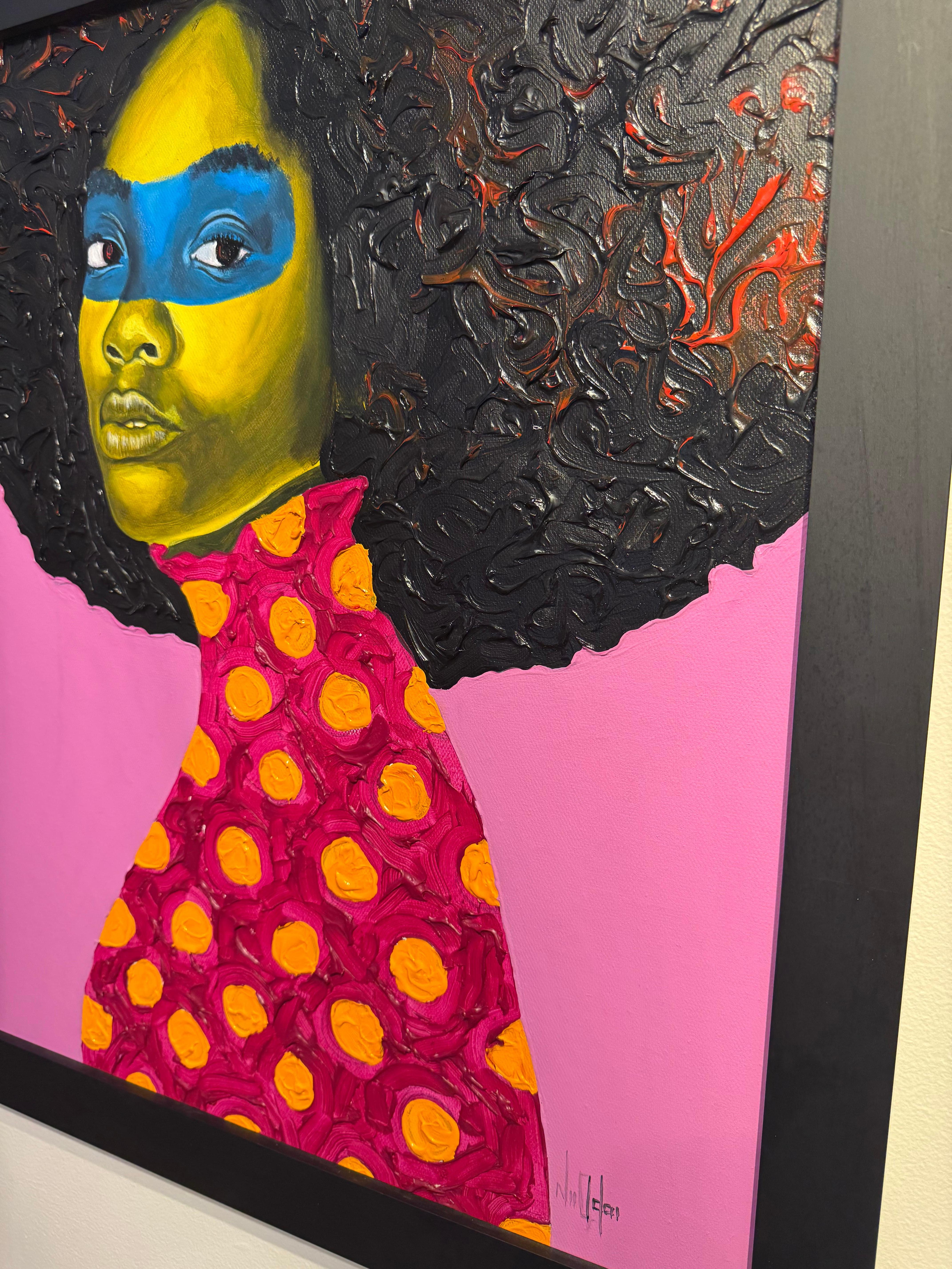 „Rose Red“ Rosa Acrylporträt einer Frau mit afro (Zeitgenössisch), Painting, von Theophilus Tetteh