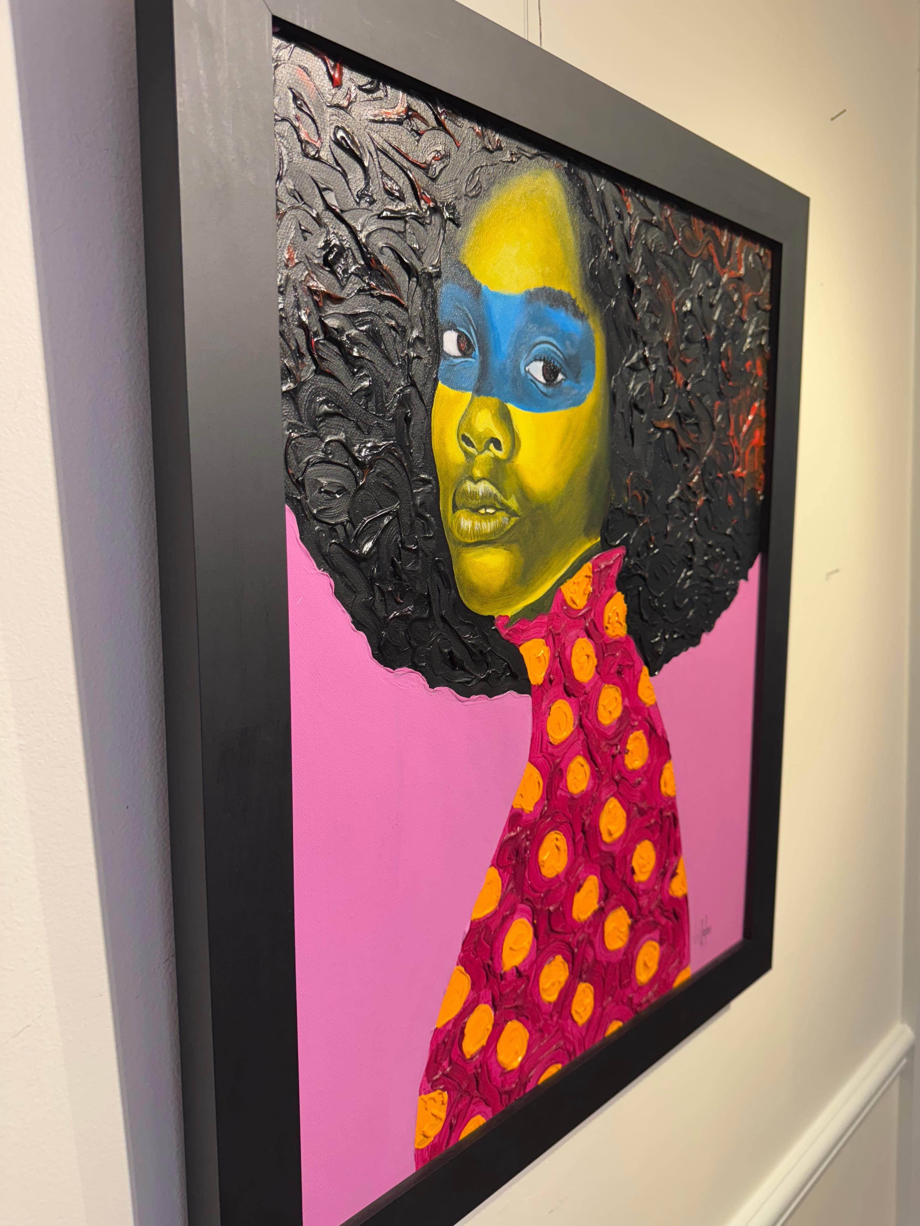 „Rose Red“ Rosa Acrylporträt einer Frau mit afro im Angebot 1