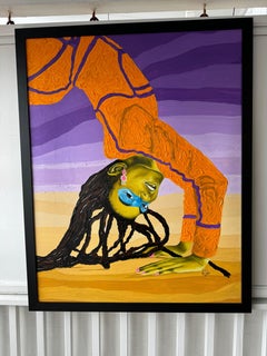 " Touch the Earth" lila und orangefarbenes Acrylgemälde einer Frau in einer Hinterbank