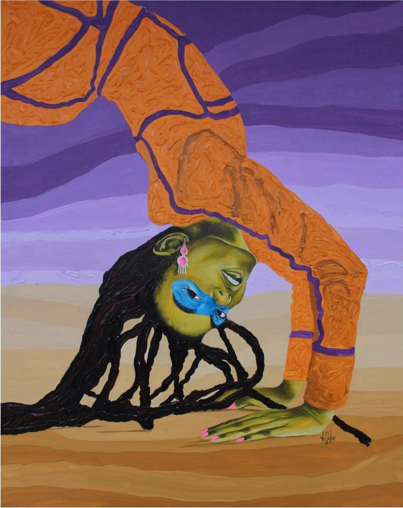 Theophilus Tetteh Figurative Painting – " Touch the Earth" lila und orangefarbenes Acrylgemälde einer Frau in einer Hinterbank