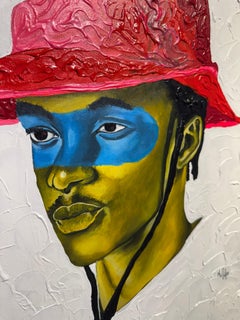 Acrylporträt „Young Master“ eines Mannes mit blauer und grüner Haut und rosa Hut
