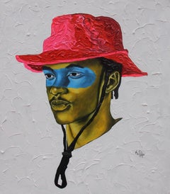 "Young Master" acrylic portrait of a man with blue and green skin in a pink hat