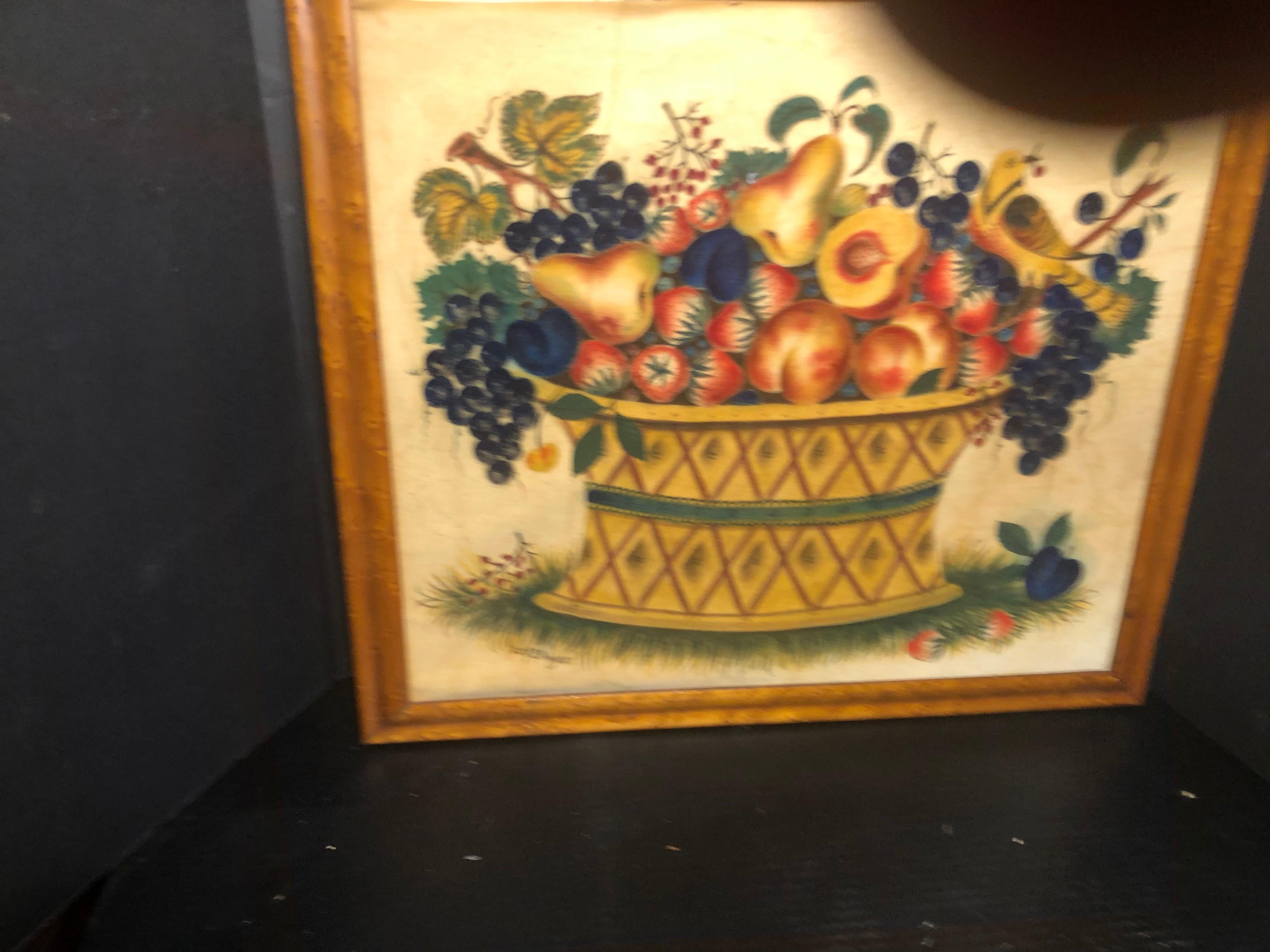 American Theorem Watercolor on Velvet Large Basket Yellow Birds by David Y Ellinger For Sale