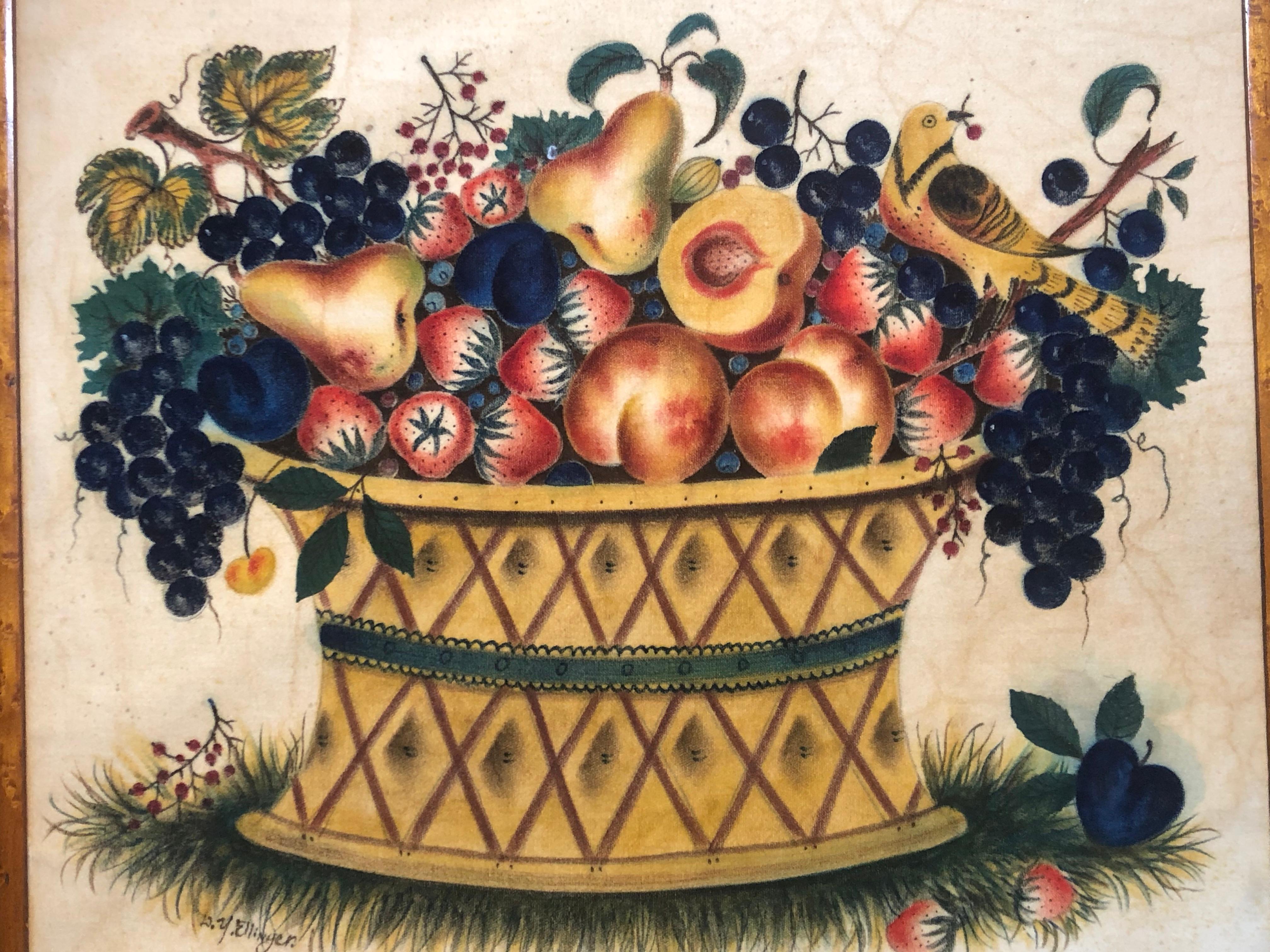 This framed vintage Theorem watercolor on velvet signed by David Y Ellinger. 
Depicting basket of fruit is in very good condition.
 Wonderful bright colors throughout with an array of fruits in a bowl with flowers and Yellow Bird. 
 Signed by the