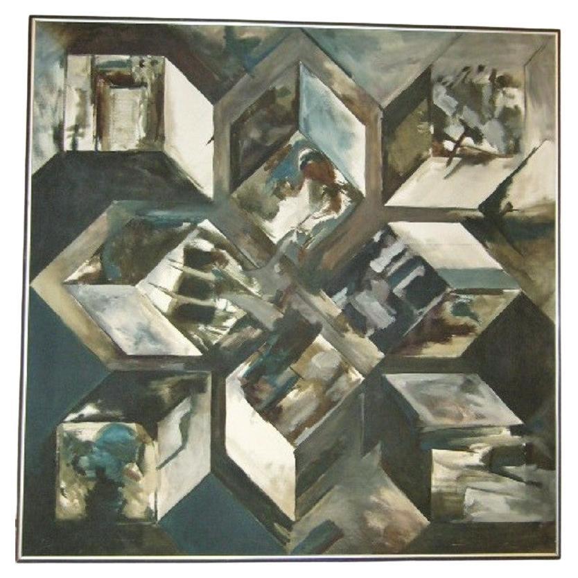 A framed 1967 Oil on Canvas Painting  titled “Theoretical Maximum” by Indianapolis artist Steve Redman (born 1944).   Redman received a scholarship and studied in the summer of 1965 at the Woodstock location of the Art Students League of New York.  