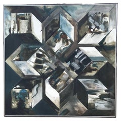 Grande peinture expressionniste abstraite théorique maximale O/C de Steve Redman, 1967