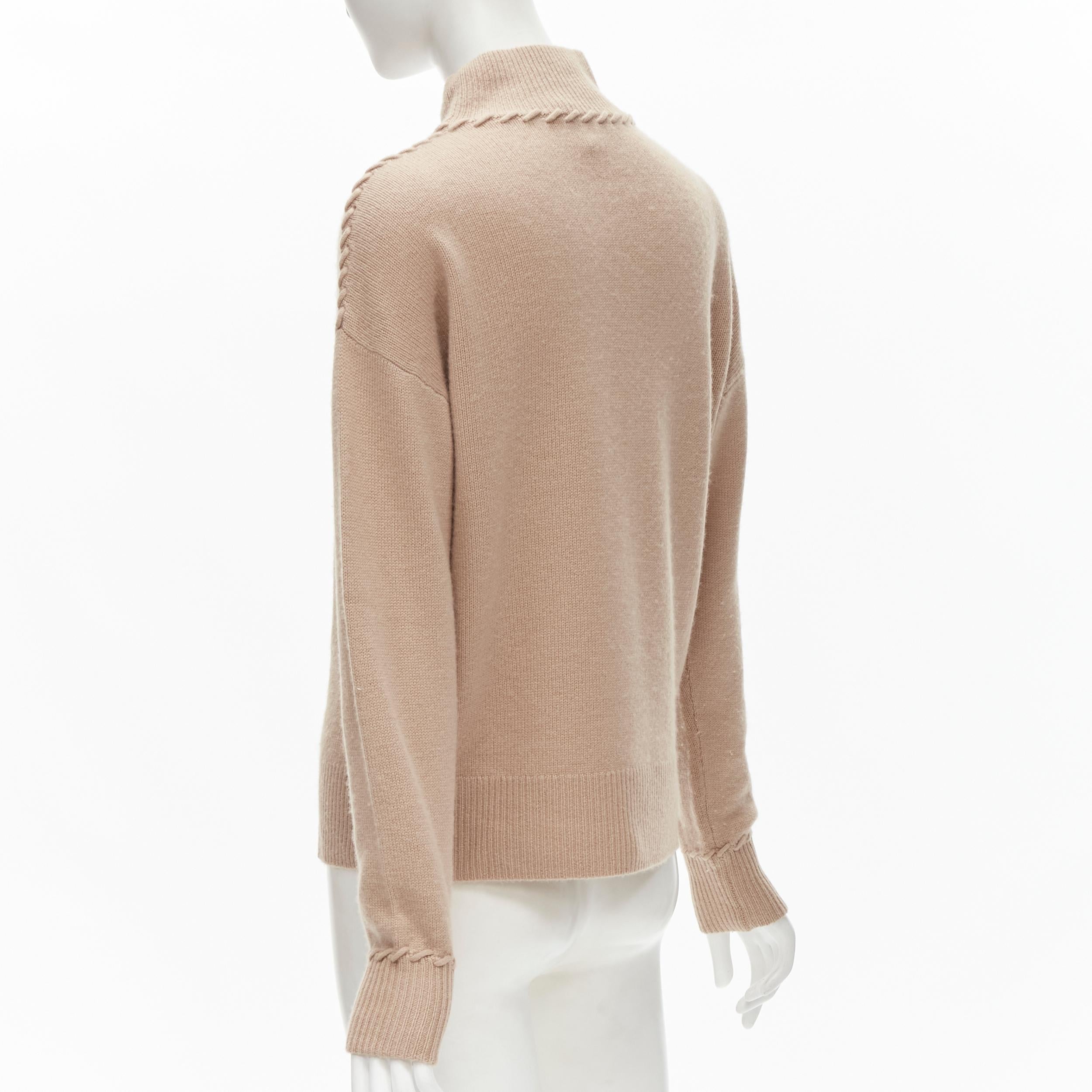 Beige THEORY 100% cashmere light brown whipstitch detail dropped shoulder turtleneck S