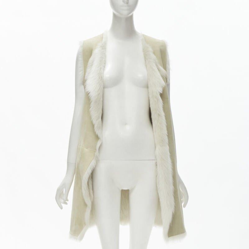 Beige THEORY beige shearling lamb fur lined suede vest XS For Sale