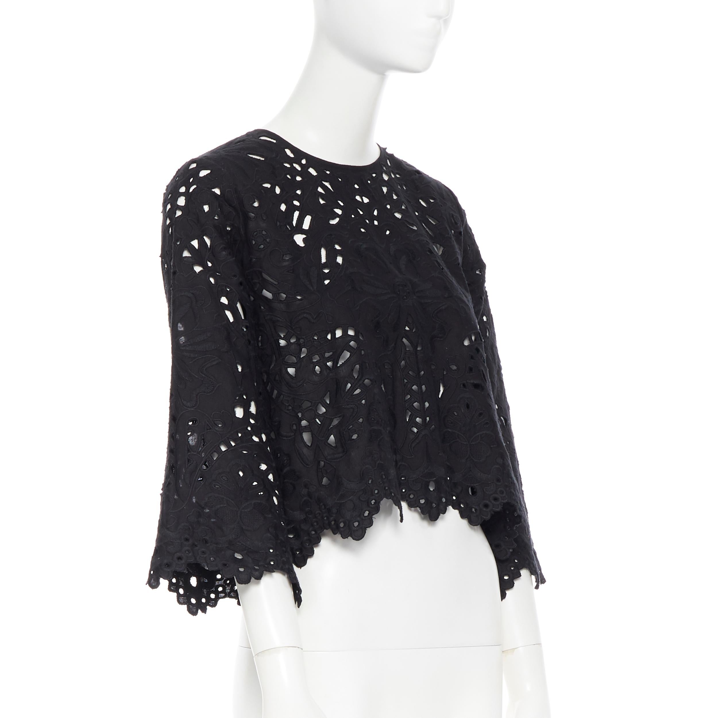 THEORY black cotton linen embroidery anglaise scalloped hem cropped top XS In Excellent Condition In Hong Kong, NT