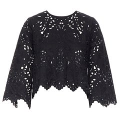 THEORY black cotton linen embroidery anglaise scalloped hem cropped top XS