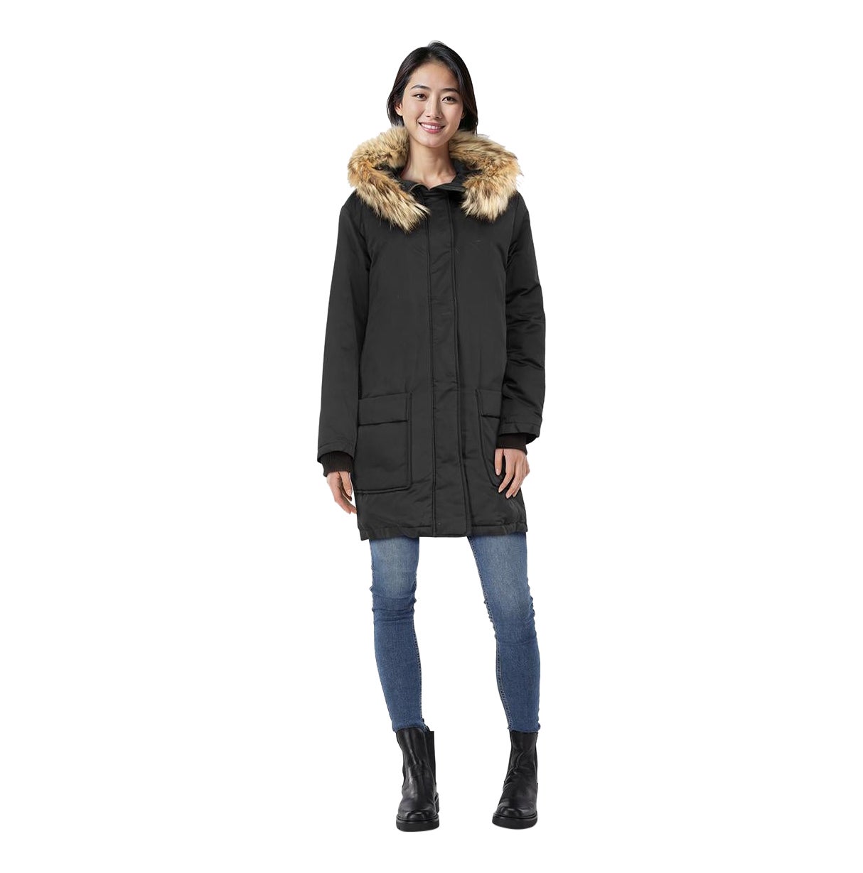 Cappotto Parka Theory con pelliccia di coyote nera taglia L. in vendita