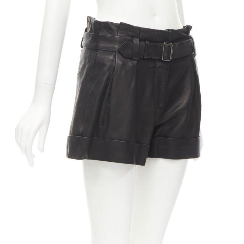 Black THEORY black leather belted paperbag waist wide cuffed shorts US0 XS For Sale