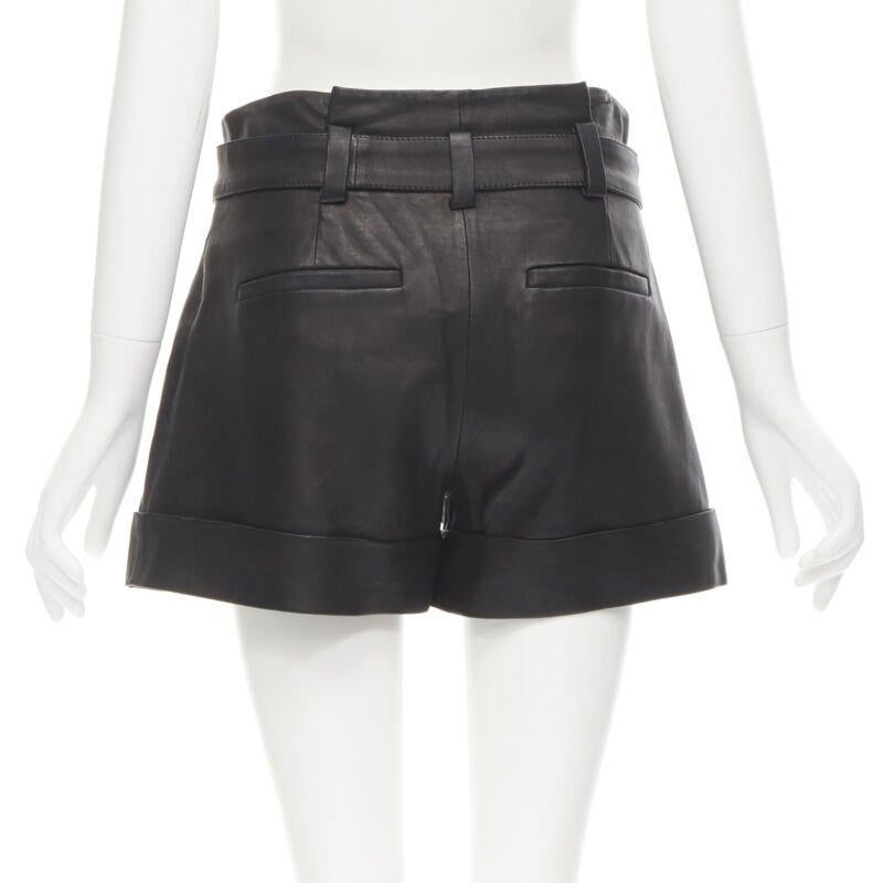 Women's THEORY black leather belted paperbag waist wide cuffed shorts US0 XS For Sale