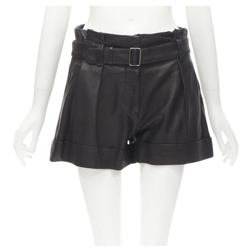 THEORY black leather belted paperbag waist wide cuffed shorts US0 XS For Sale