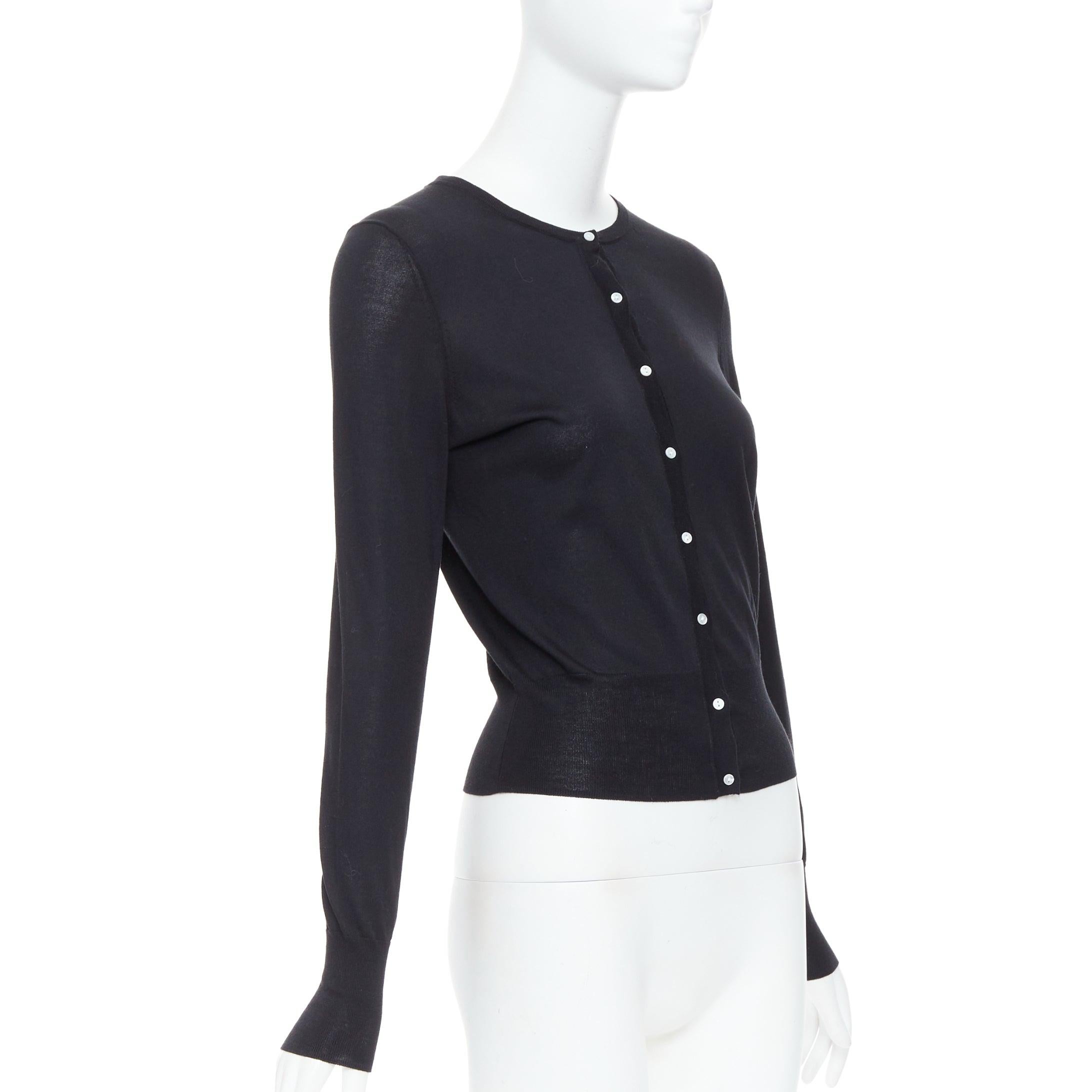 Black THEORY black silk cotton white buttons crew neck cardigan S For Sale