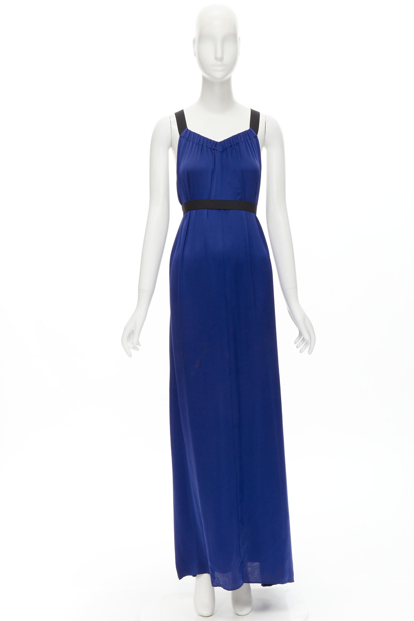 THEORY cobalt blue 100% silk black elastic cross band open. back maxi dress XS For Sale 2