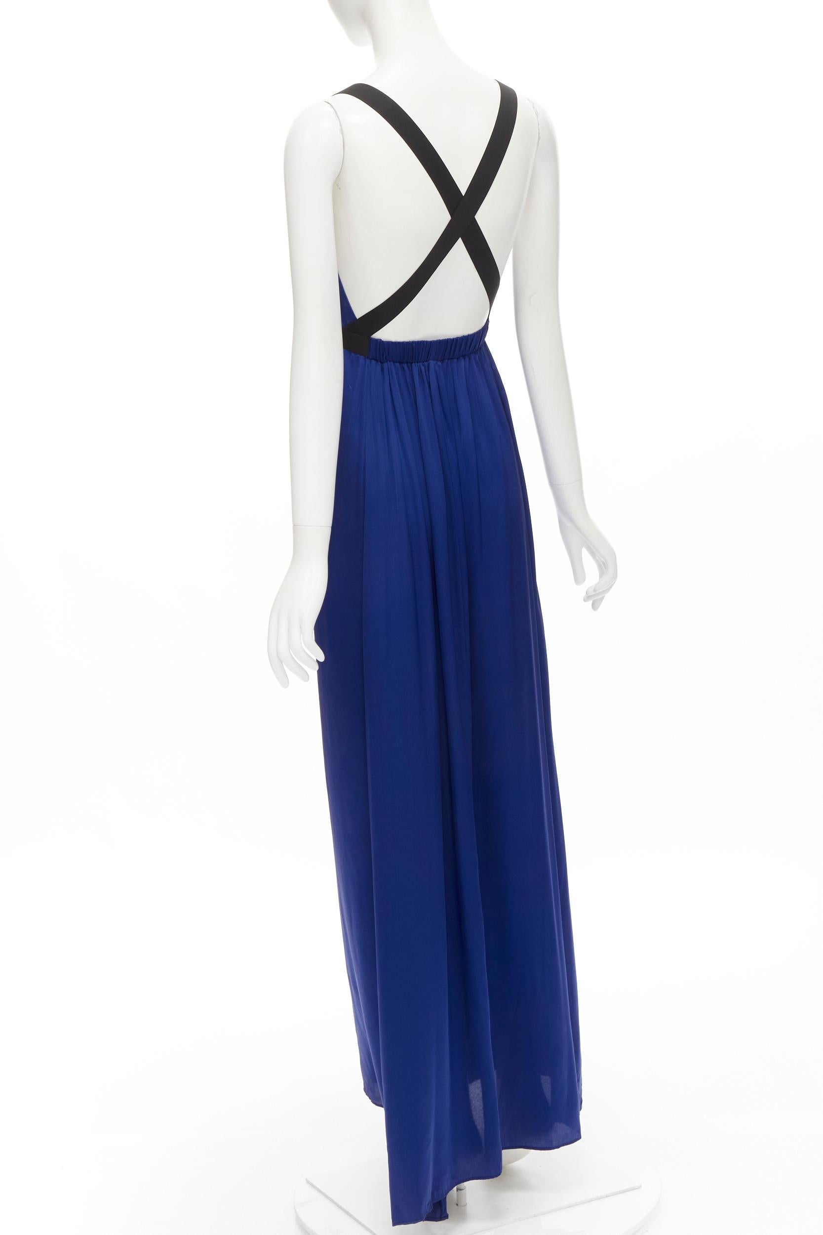 THEORY cobalt blue 100% silk black elastic cross band open. back maxi dress XS 
Reference: TACW/A00032 
Brand: Theory 
Material: Silk 
Color: Blue 
Pattern: Solid 
Extra Detail: Elastic shoulder strap crosses ac back. Open back. 
Made in: China